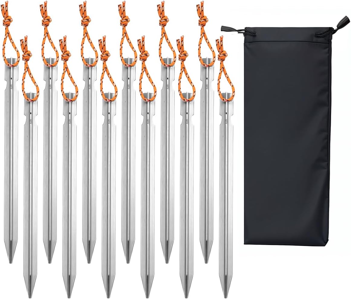 12 Pack Tent Stakes, 7" Ultralight Aluminum Ground Peg with Reflective Rope