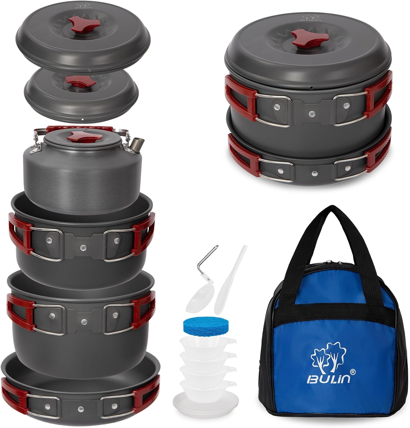 Bulin Camping Cookware, Portable Pots Kettle and Pans Set, 13 PCS for 3-4