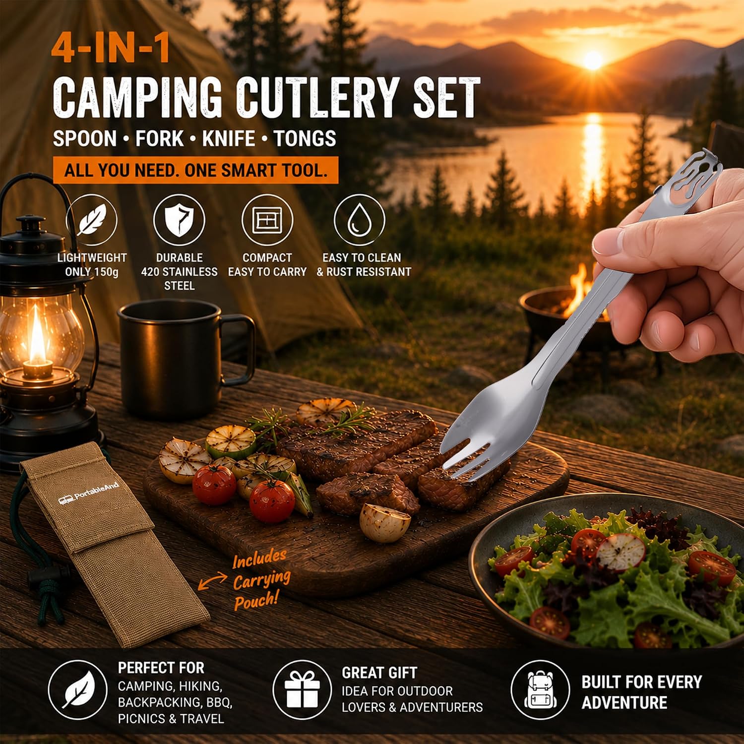 Camping Cutlery Set with Built-in Tongs, 4-in-1 Camping Utensils, Spoon Fork Knife Combo, Compact Stainless Steel Flatwa