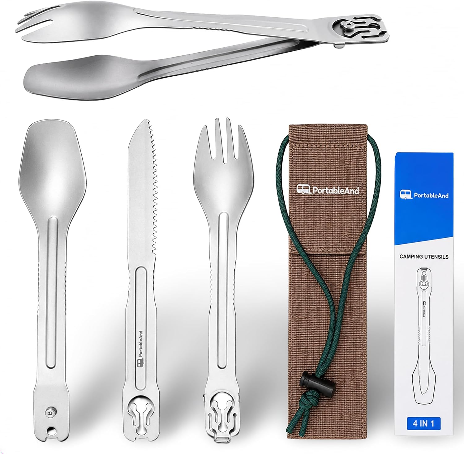 Camping Cutlery Set with Built-in Tongs, 4-in-1 Camping Utensils, Spoon Fork Knife Combo, Compact Stainless Steel Flatwa