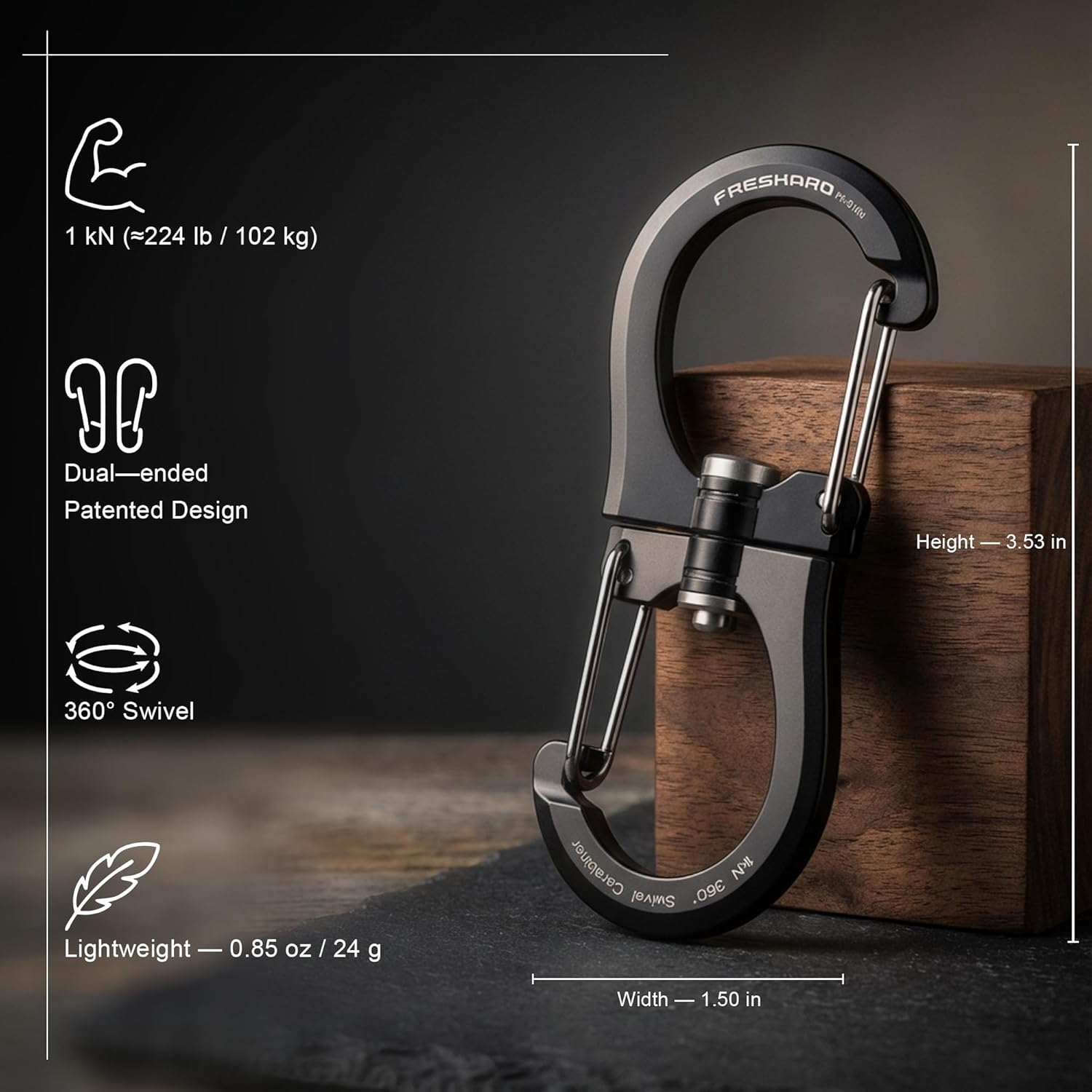 FresKaro 1kN Double-Ended Wiregate Carabiner Clip, Patented Design, Reversible 360 Spin, Lightweight Utility Hook for Hi