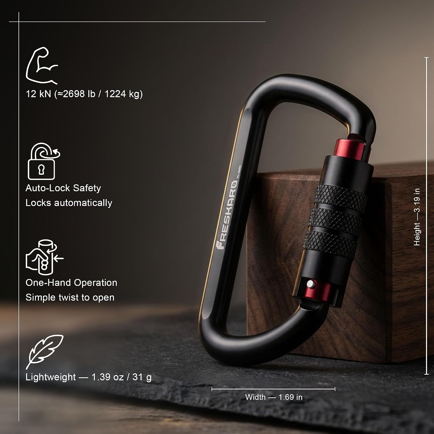 FresKaro 3inch 12kN-2698lbs Auto Locking Carabiner Clips, Solid D Shape, Heavy Duty 7075 Aluminum, Lightweight 1.09oz, R