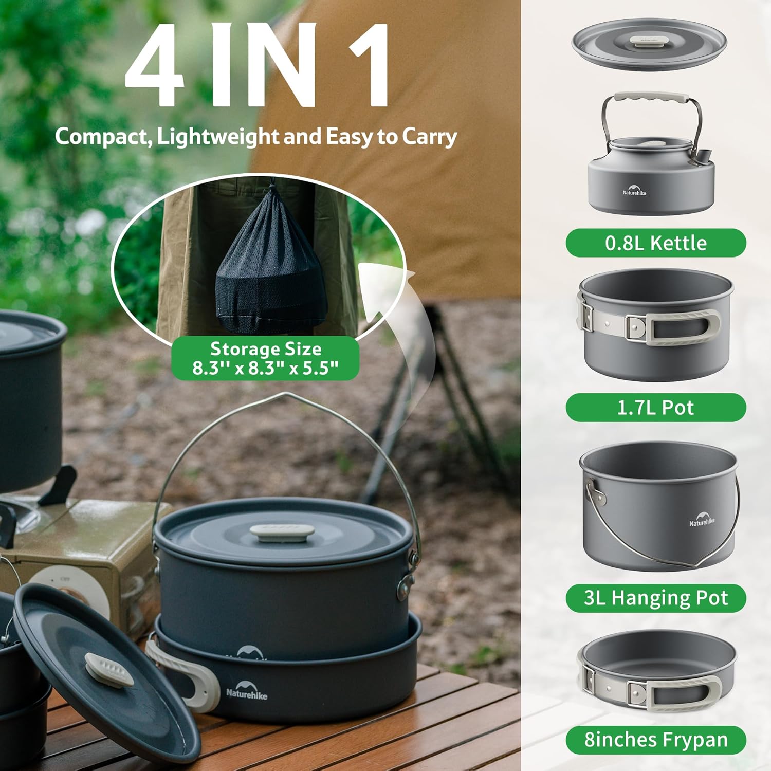 Naturehike Camping Cookware Set Mess Kit for Backpacking Gear, Camp Cooking Set, Camping Pots and Pans Set for Outdoor B