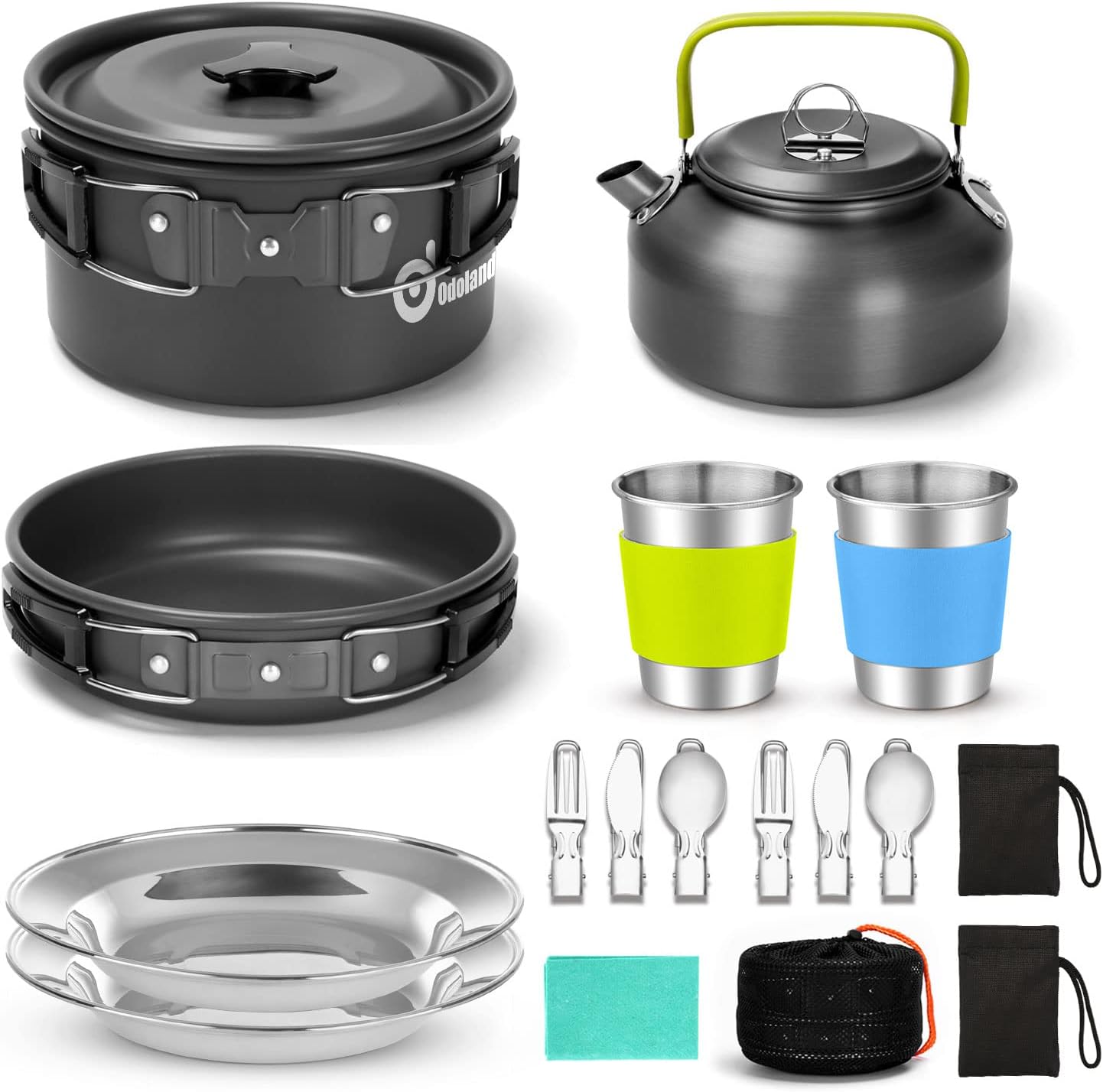 Odoland 15pcs Camping Cookware Mess Kit, Lightweight Pot Pan Kettle Set