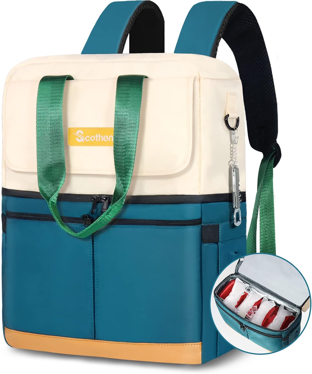 Scothen Backpack Cooler with Double Decker & 12 Ice Packs- Keeps 36 Cans Cold for Up to 24 Hours- Waterproof & Leak Proo